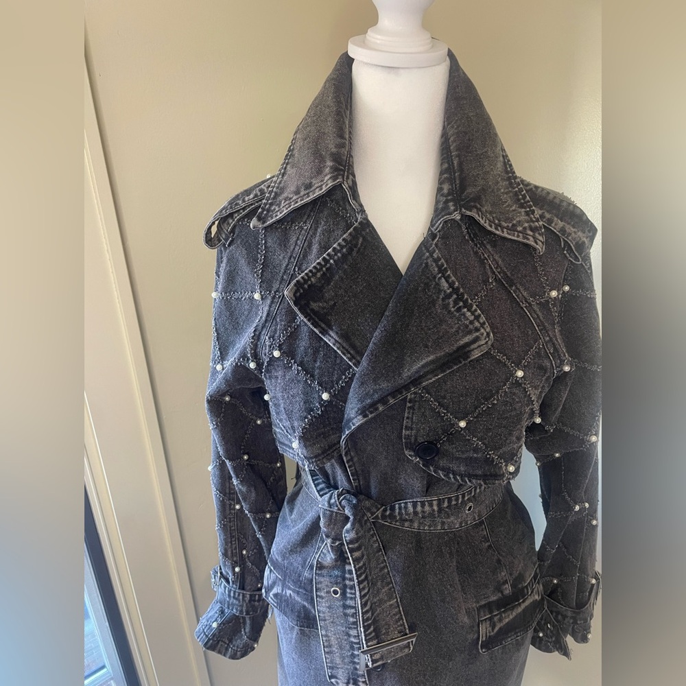 Distressed Denim Trench Coat, Black /Gry. w/ Pearl & Silver Accents, S, M , L - Picture 6 of 16